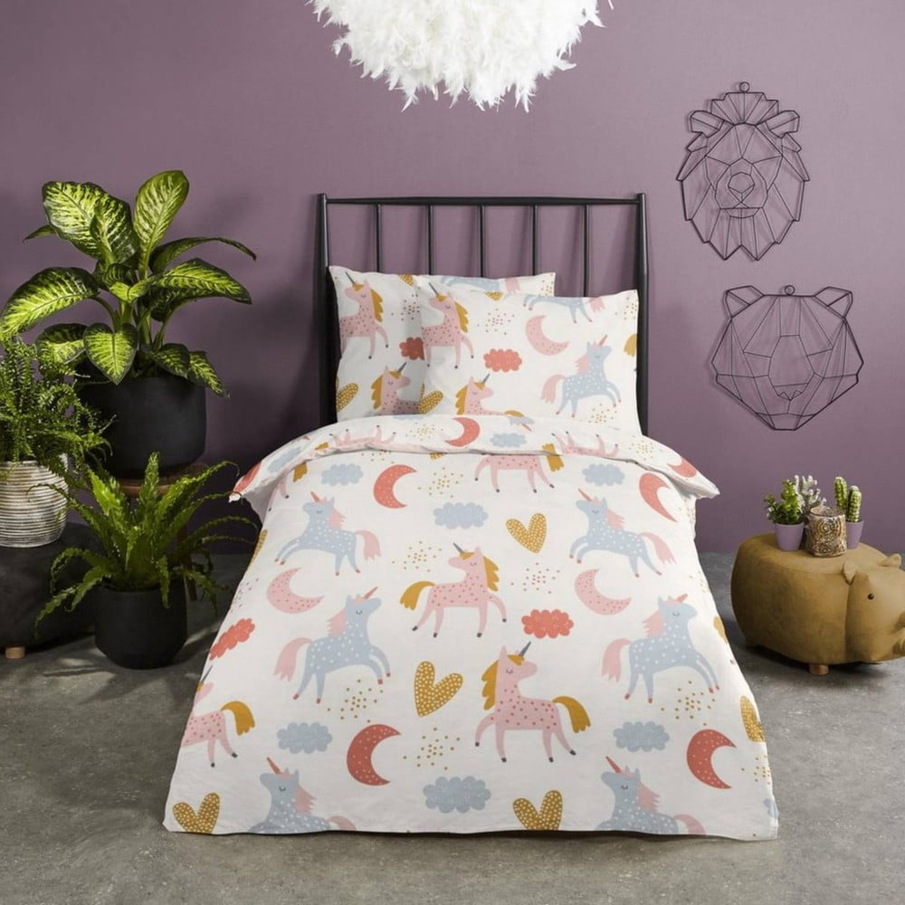 Copripiumino Unicorno 140x200 + 2 Federe 65x65 – Set Letto Microfibra Bambina, Bianco E Rosa - 2