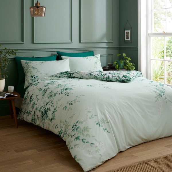 Biancheria da letto bianca/verde in cotone per letto matrimoniale 200x200 cm Scenic Leaves – RHS-image-3