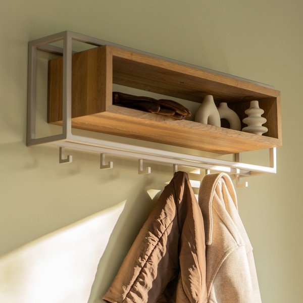 Attaccapanni da parete di colore naturale/grigio tortora in rovere massiccio con scaffale 78 cm School – Spinder Design-image-1