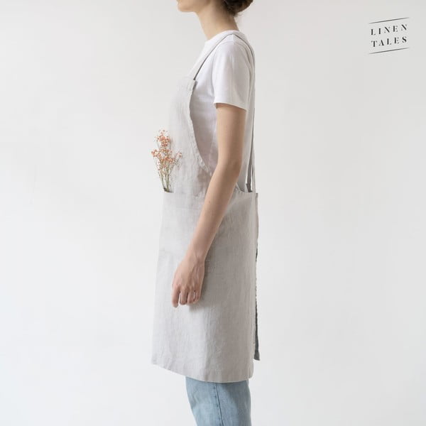 Grembiule di lino grigio argento Crossback, lunghezza 80 cm Silver - Linen Tales-image-2