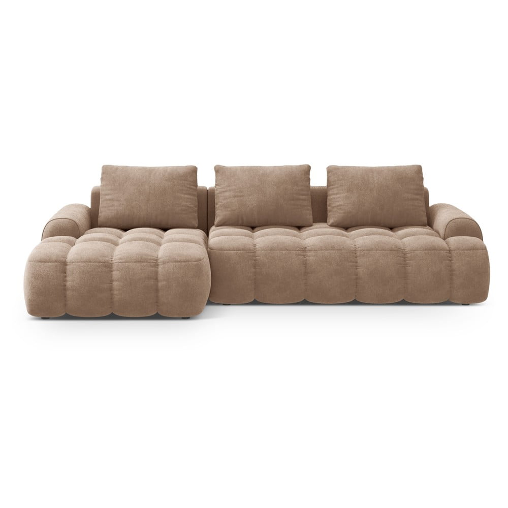 Divano angolare marrone chiaro allungabile/con contenitore (con penisola a sinistra/con chaise lounge) con rivestimento in velluto Linz – Cosmopolitan Design | Divani ad angolo