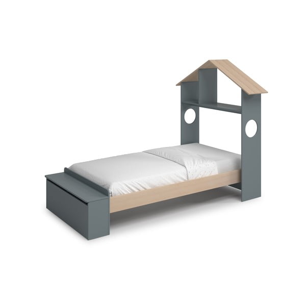 Letto da bambini a forma di casa di colore naturale/verde polveroso con effetto pino con contenitore con rete inclusa 90x190 cm Odessa – Marckeric-image-2