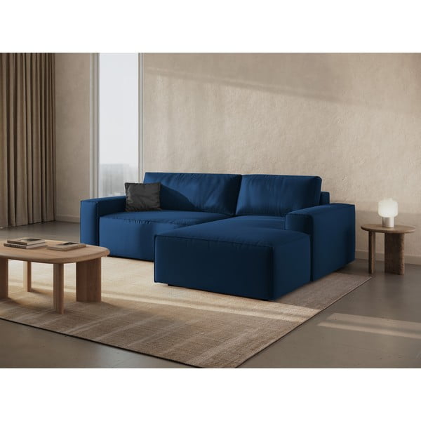 Divano angolare blu scuro allungabile/con contenitore (con penisola a destra/con chaise lounge) con rivestimento in velluto Jodie – Micadoni -image-1