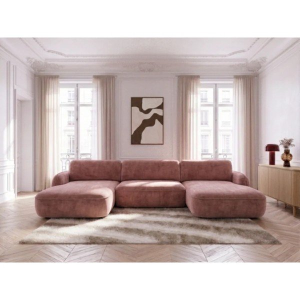 Divano angolare rosa allungabile/con contenitore (a U) con rivestimento in velluto Celeste – Bobochic Paris-image-1