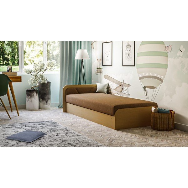 Letto singolo imbottito/in truciolato giallo ocra/marrone con contenitore e materasso inclusi 80x190 cm Parys – ELTAP-image-1