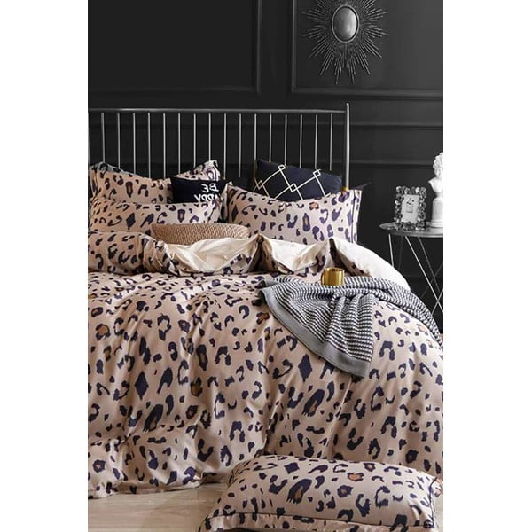 Biancheria da letto matrimoniale in cotone marrone allungato a quattro pezzi con lenzuolo 200x220 cm Leopard - Mila Home
