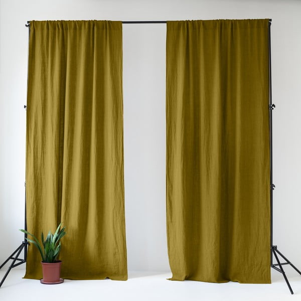 Tenda giallo ocra verde in lino 140x300 cm Moss Green – Linen Tales
