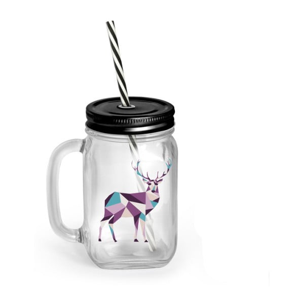 Sklenice s víčkem a brčkem Vialli Design Mia Natura Deer, 450 ml