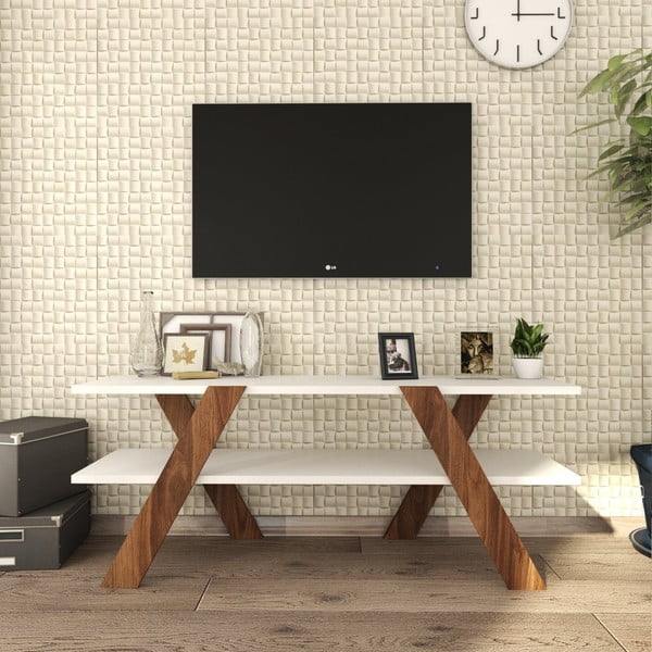 Tavolo TV bianco/naturale in noce 120x33 cm Basic - Kalune Design-image-1