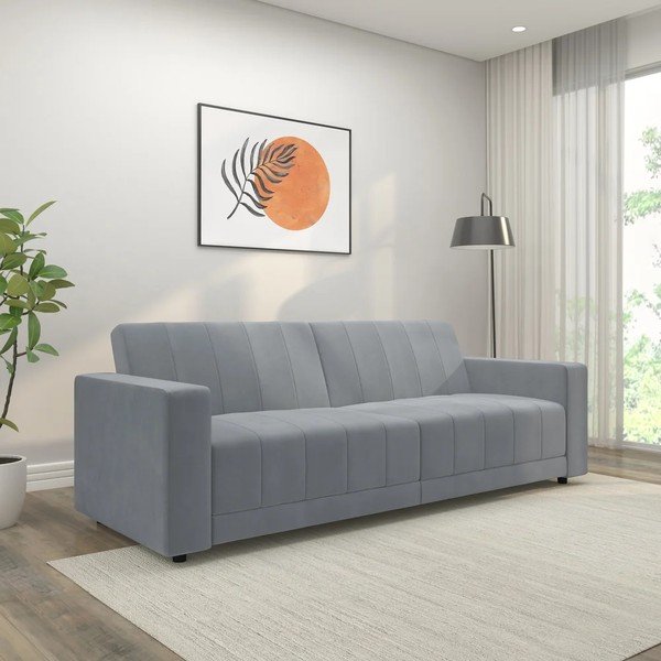 Divano grigio chiaro reclinabile/allungabile con rivestimento in velluto 225 cm Allie – Støraa-image-3