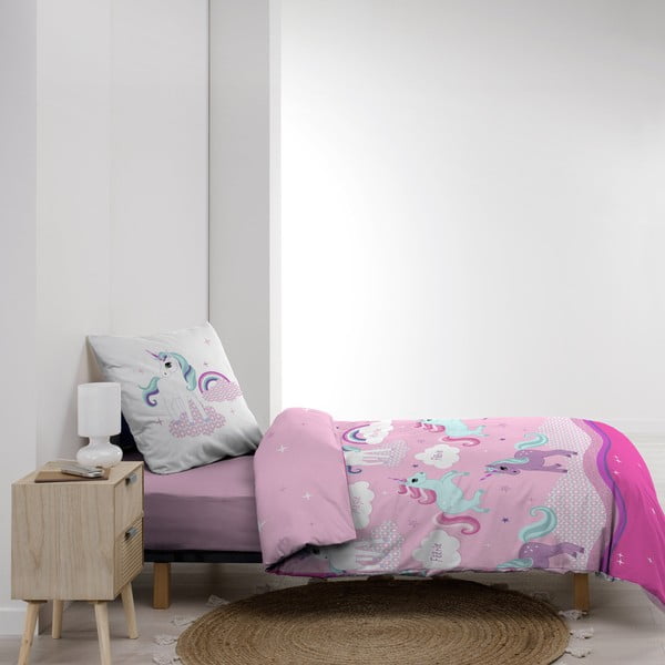 Set copripiumino e federa da bambini rosa in cotone per letto singolo 140x200 cm Licorne – douceur d'intérieur-image-2