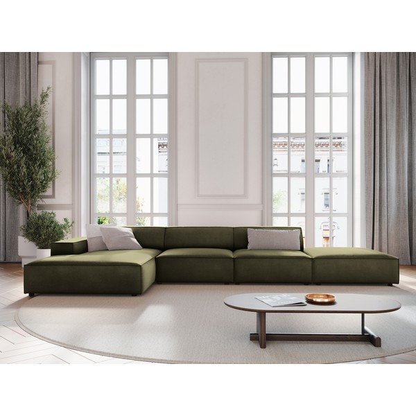 Divano angolare componibile color kaki (con penisola a sinistra/con chaise lounge) con rivestimento in velluto Jodie – Micadoni -image-1