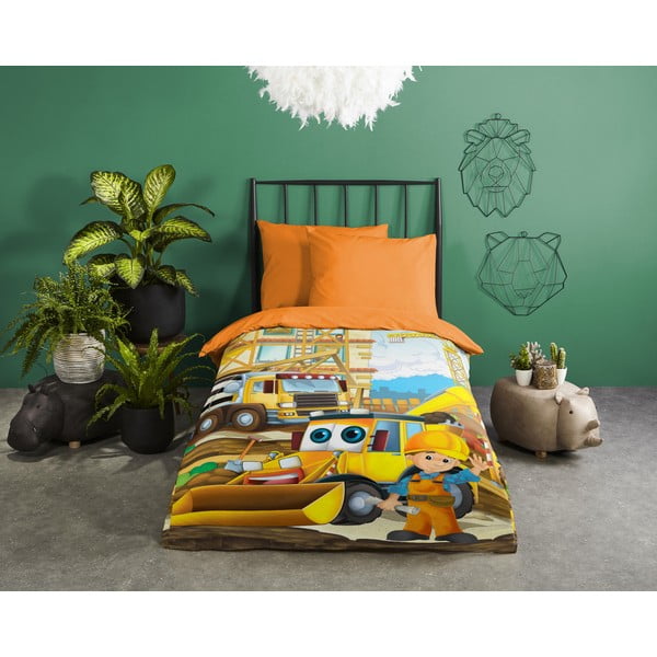 Set copripiumino e federa da bambini arancione in cotone per letto singolo 140x200 cm Building – Good Morning-image-1