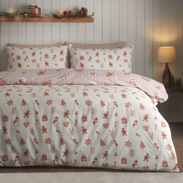 Set copripiumino e federa di colore naturale per letto singolo 135x200 cm Christmas Gingerbread Stripe – Catherine Lansfield-image-1