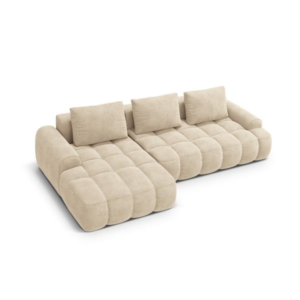 Divano angolare beige allungabile/con contenitore (con penisola a sinistra/con chaise lounge) con rivestimento in velluto Linz – Cosmopolitan Design-image-3
