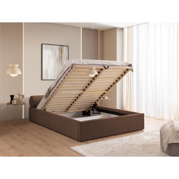 Letto matrimoniale imbottito marrone con contenitore con rete inclusa 200x200 cm Cille – Ropez-image-4