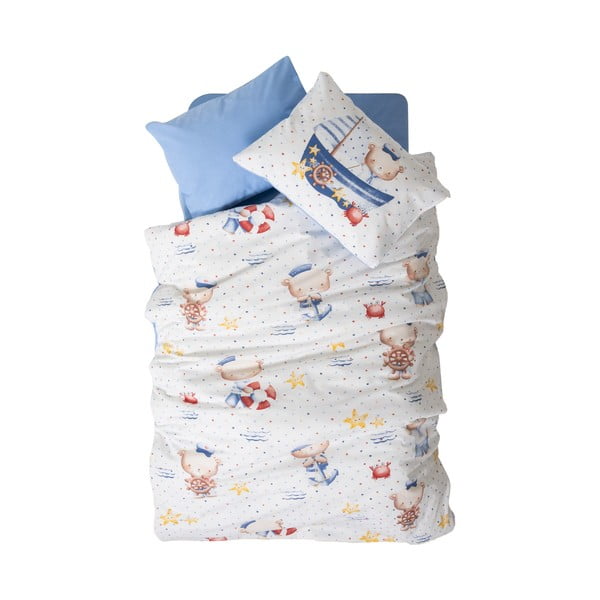 Set copripiumino e federa da bambini bianco/blu in cotone renforcé per culla con lenzuolo incluso/4 pezzi 100x150 cm Seaman – Mijolnir