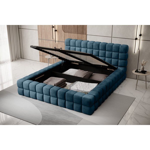 Letto matrimoniale imbottito blu con contenitore e rete inclusi 180x200 cm Dizzle – ELTAP-image-2