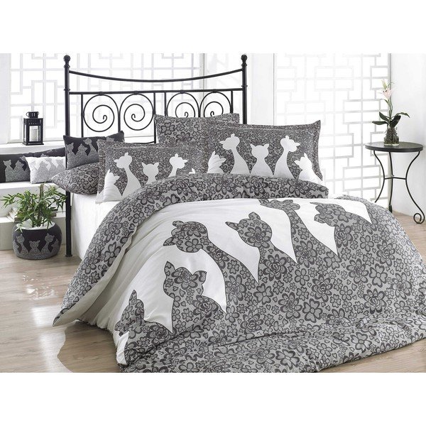 Biancheria da letto grigia in cotone con lenzuolo per letto matrimoniale in popeline di cotone nero, 200 x 220 cm - Mijolnir