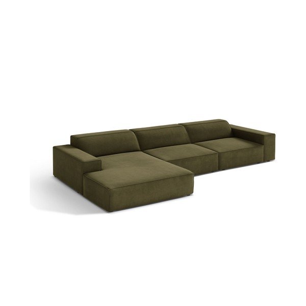 Divano angolare componibile color kaki (con penisola a sinistra/con chaise lounge) con rivestimento in velluto Jodie – Micadoni 