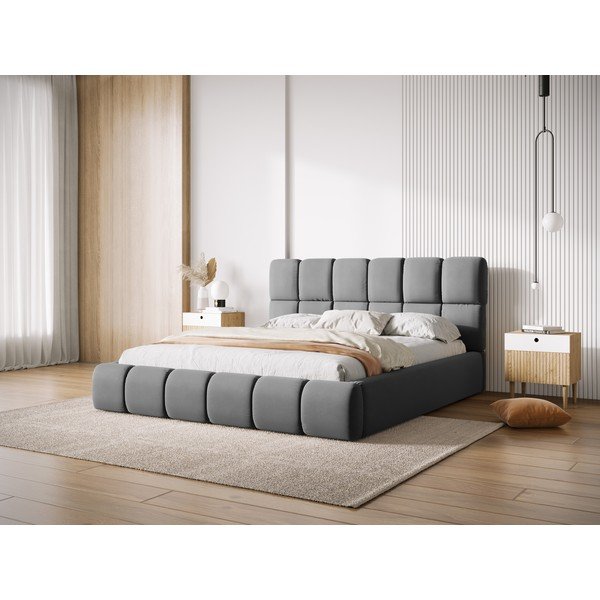Letto matrimoniale imbottito grigio in velluto con contenitore con rete inclusa 160x200 cm Bellis – Micadoni -image-1