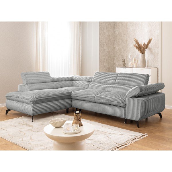 Divano angolare grigio chiaro (con penisola a sinistra/a L) con rivestimento in velluto a coste Marbeya  – Ropez-image-1