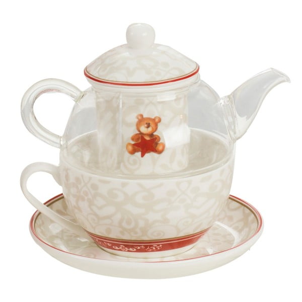 Set konvičky, šálku s podnosem a sítka na sypaný čaj z kostního porcelánu Brandani Abbracci Bear