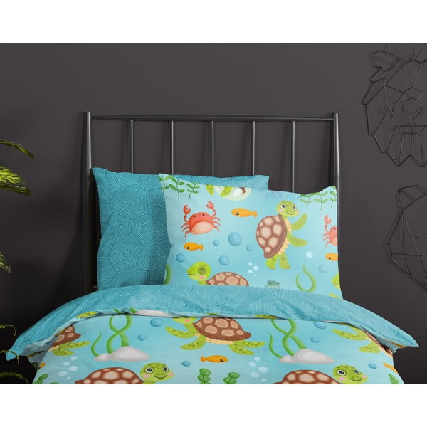 Set copripiumino e federa da bambini blu in cotone per letto singolo ed esteso 140x220 cm Turtles – Good Morning-image-2