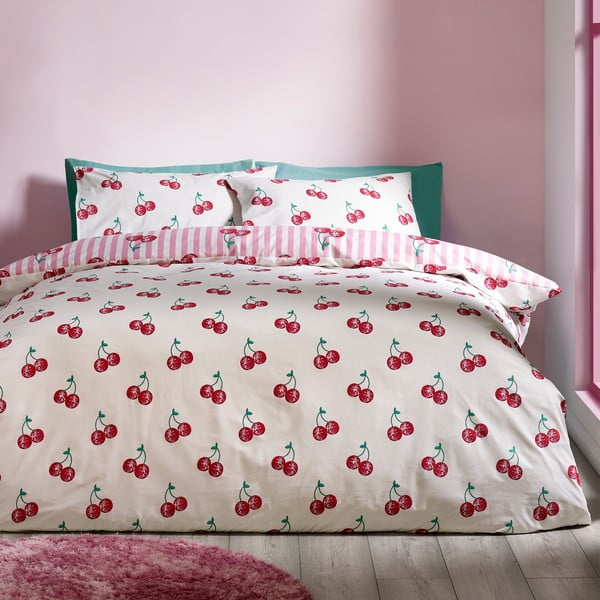 Set copripiumino e federa bianco e rosa per letto matrimoniale 200x200 cm Disco Cherries Stripes – Catherine Lansfield-image-2