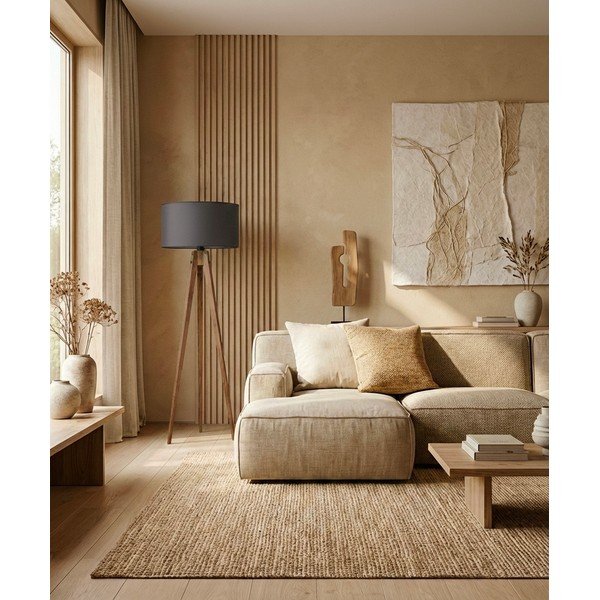 Lampada da terra nera/marrone con paralume in tessuto (altezza totale 153 cm) Tripod – Opviq lights-image-1