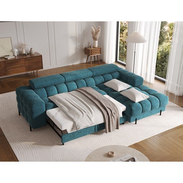 Divano angolare blu allungabile/con contenitore (con penisola a destra/con chaise lounge) con rivestimento in bouclé Felro – ELTAP-image-4