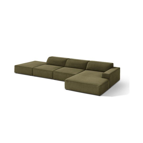 Divano angolare componibile color kaki (con penisola a destra/con chaise lounge) con rivestimento in velluto Jodie – Micadoni 