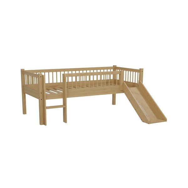 Letto da bambini rialzato di colore naturale in faggio massiccio con scivolo con rete inclusa 90x200 cm Forrest – Vipack-image-2