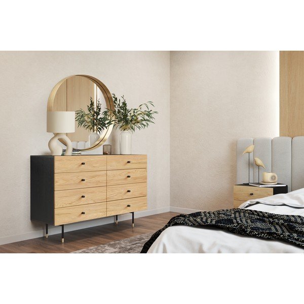 Cassettiera bassa nera/colore naturale con effetto rovere 130x87 cm Jugend – Woodman-image-1