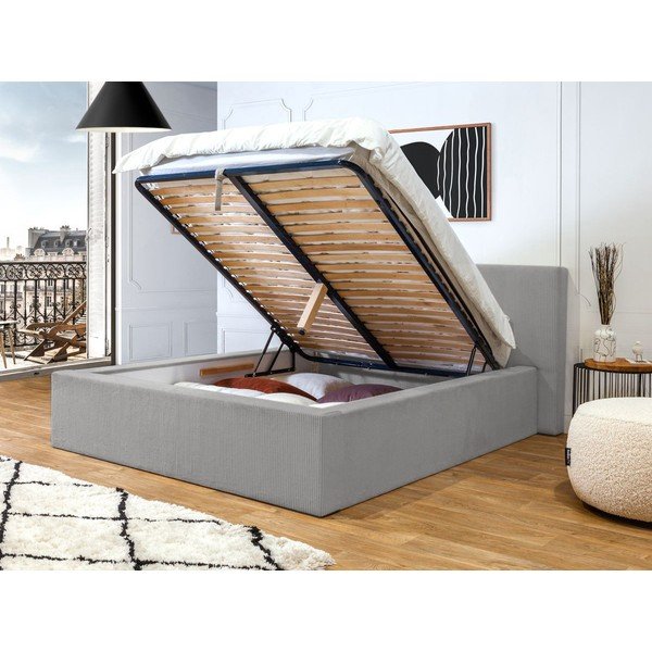 Letto matrimoniale imbottito grigio chiaro con contenitore con griglia 160x200 cm Nihad - Bobochic Paris-image-3