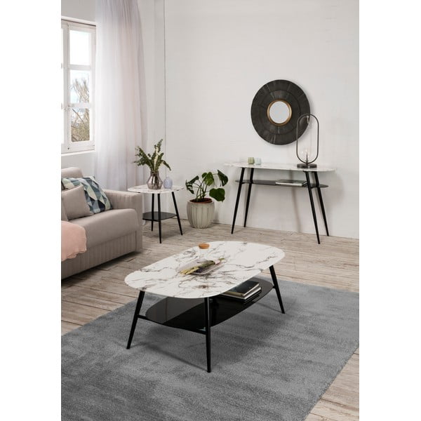 Tavolino bianco e nero con piano in vetro con decoro in marmo Alina - Marckeric-image-1