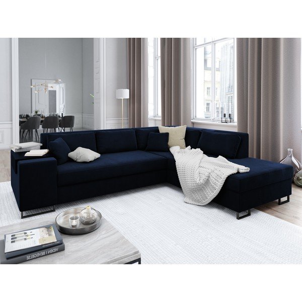 Divano letto angolare in velluto blu, angolo destro York - Cosmopolitan Design-image-1