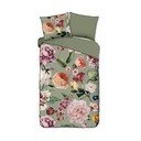 Set copripiumino e federa verde in raso di cotone per letto singolo ed esteso 140x220 cm Fiori – Descanso