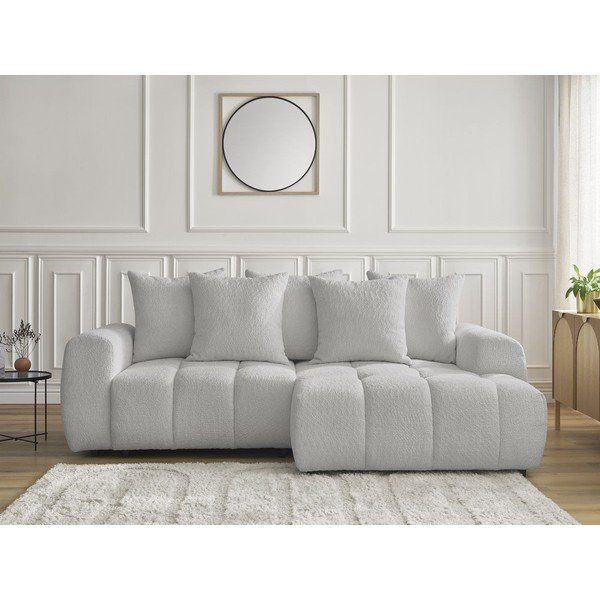 Divano angolare grigio chiaro allungabile/con contenitore (con penisola a destra/con chaise lounge) con rivestimento in bouclé Roxelane – Bobochic Paris-image-1