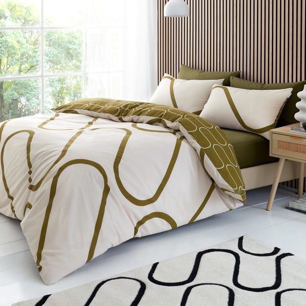 Set copripiumino e federa color kaki e beige per letto matrimoniale 200x200 cm Linear Curve – Catherine Lansfield-image-1