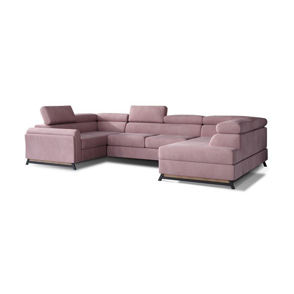 Divano angolare rosa allungabile/con contenitore (con penisola a destra/a U) e rivestimento in velluto Escada – ELTAP