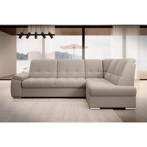 Divano angolare beige allungabile/con contenitore (con penisola a destra/a L) e rivestimento in velluto Sado – ELTAP-image-3