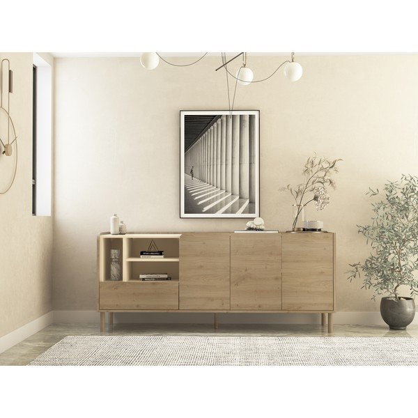 Cassettiera di colore naturale con effetto rovere 180x75,5x44 cm Monza – Marckeric-image-1