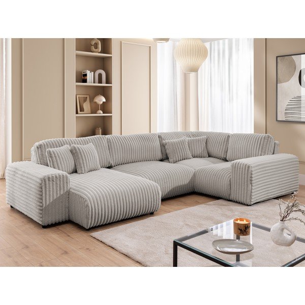 Divano angolare grigio chiaro (con penisola a destra/a U) rivestito in velluto a coste Justin – Ropez-image-4