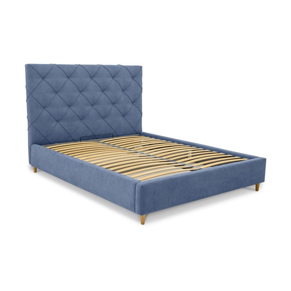 Letto matrimoniale imbottito blu con contenitore e griglia 180x200 cm Bee - Scandic