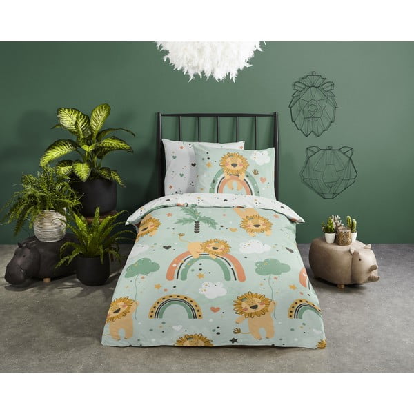 Set copripiumino e federa da bambini verde in cotone per letto singolo ed esteso 140x220 cm Lions – Good Morning-image-1