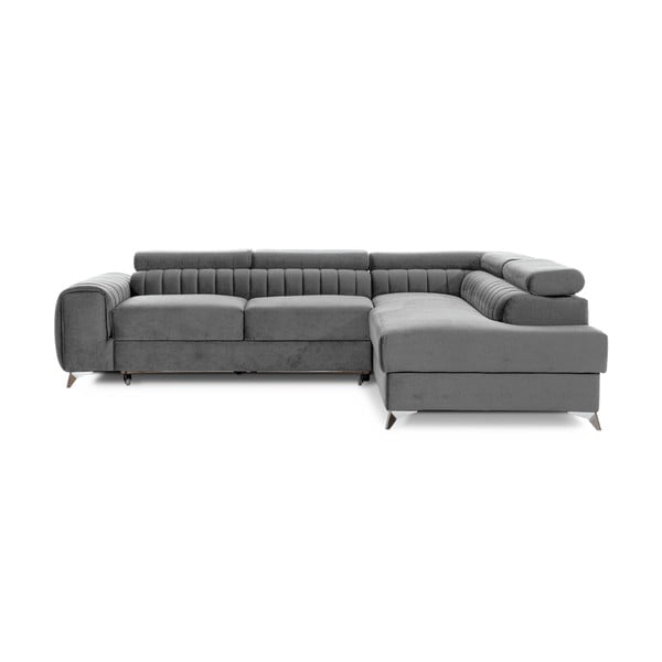 Divano angolare grigio allungabile/con contenitore (con penisola a destra/a L) e rivestimento in velluto Laurence – ELTAP