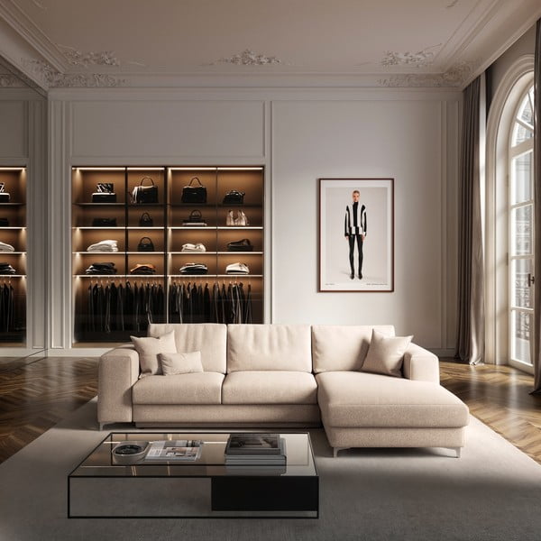 Divano angolare beige allungabile e con contenitore (con penisola a destra e chaise lounge) rivestito in bouclé Rene – Rodier-image-1