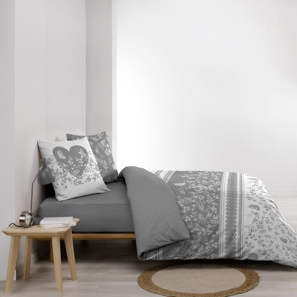 Set copripiumino e federa bianco/grigio in cotone per letto matrimoniale 200x200 cm Annie – douceur d'intérieur-image-1