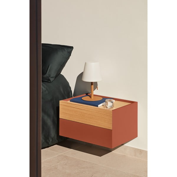 Comodino in rovere decorato in colore mattone-naturale Otto - Teulat-image-1